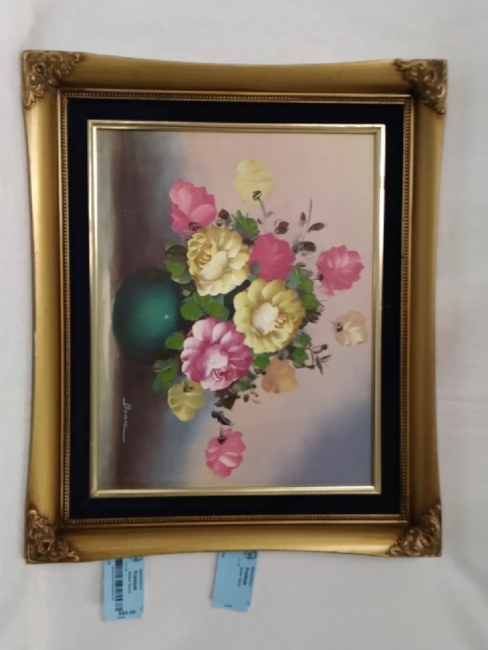 Vintage Floral Still Life Painting in Gold Frame - Pink & Yellow Roses